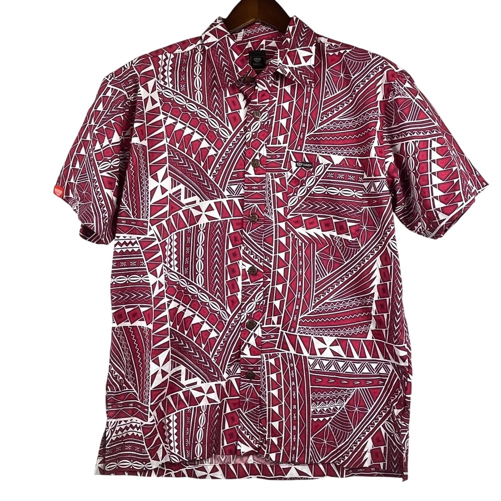 Tanoa Mens L Hawaiian Shirt Red White Polynesian Tribal Aloha Camp Shirt Resort